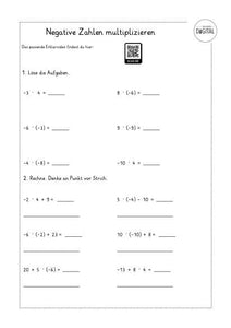 Negative Zahlen multiplizieren. Arbeitsblatt mit Lösung. Mathe ab Klasse 5.