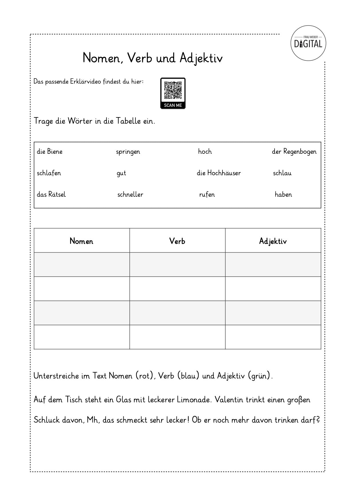 Nomen, Verb und Adjektiv - Arbeitsblatt mit Lösung. Deutsch Klasse 2