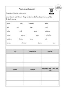 Nomen erkennen - Arbeitsblatt mit Lösung. Deutsch Klasse 2