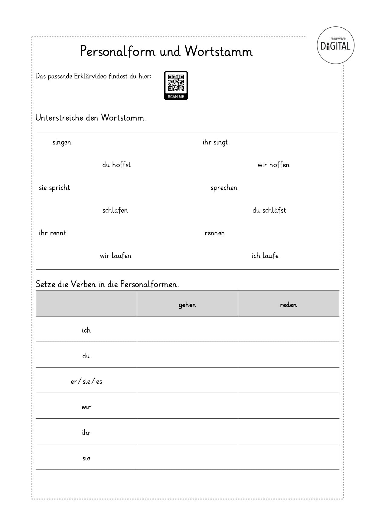 Personalform und Wortstamm - Arbeitsblatt mit Lösung. Deutsch Klasse 2 –  Frau Weber digital