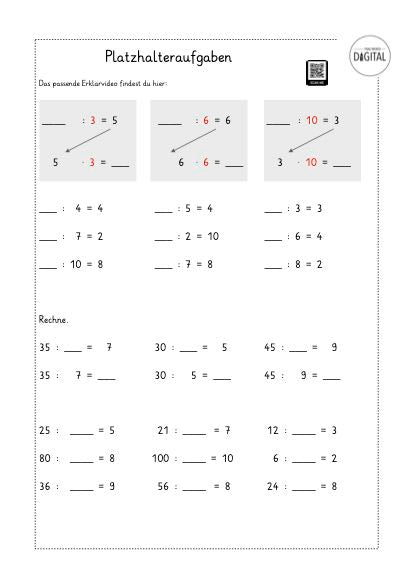 Platzhalteraufgaben Division (geteilt) Arbeitsblatt mit Lösung. Mathe Klasse 2.