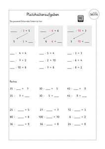 Platzhalteraufgaben Division (geteilt) Arbeitsblatt mit Lösung. Mathe Klasse 2.