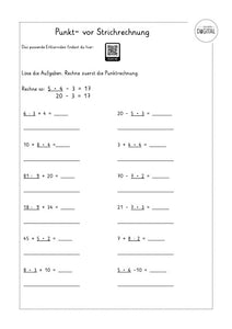 Punkt- vor Strichrechnung - Arbeitsblatt mit Lösung. Mathe Klasse 3