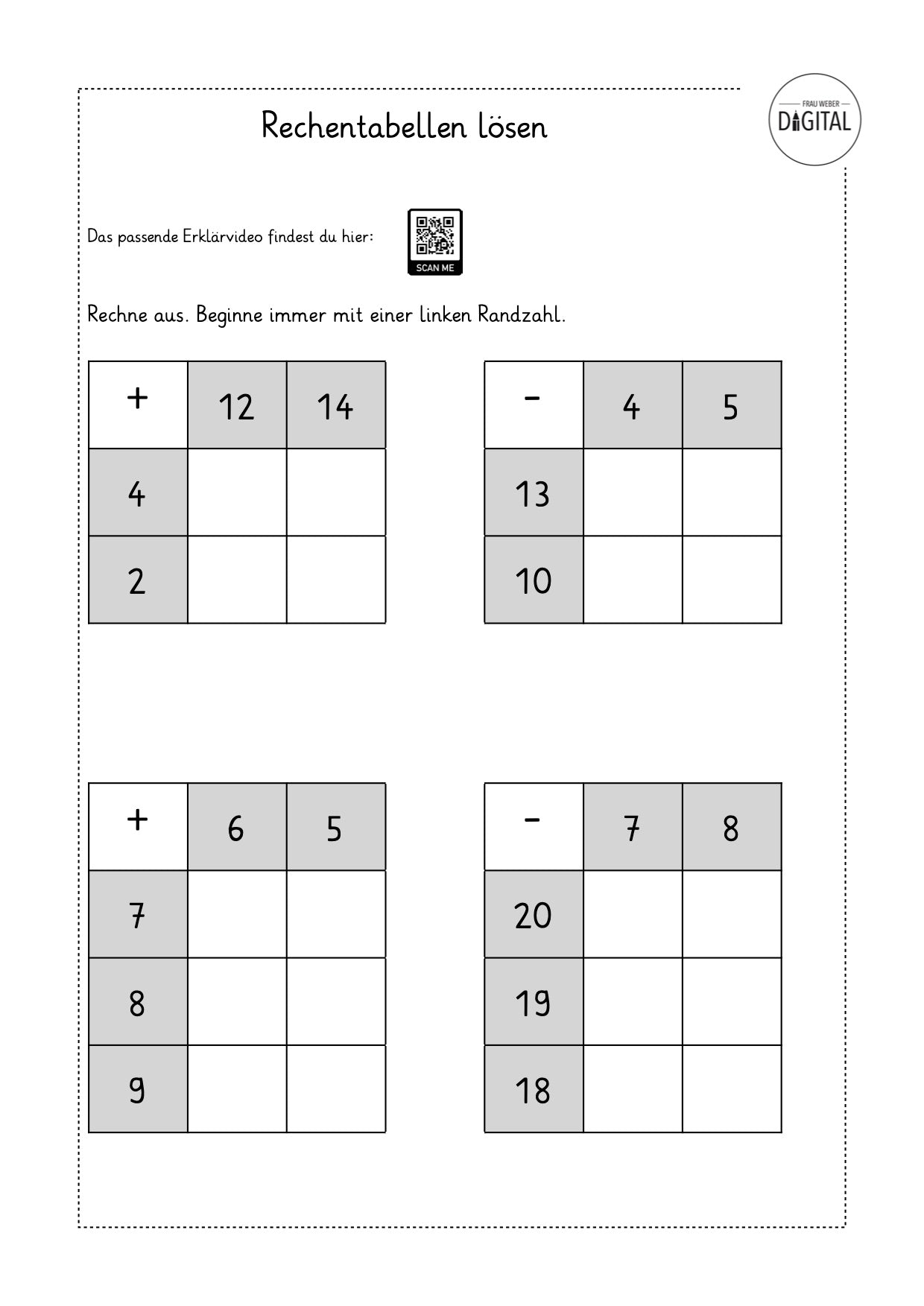 Rechentabelle lösen - Arbeitsblatt mit Lösung. Mathe Klasse 1