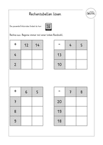 Rechentabelle lösen - Arbeitsblatt mit Lösung. Mathe Klasse 1