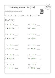 Rechenweg mit der 10 (Plus) - Arbeitsblatt mit Lösung. Mathe Klasse 1