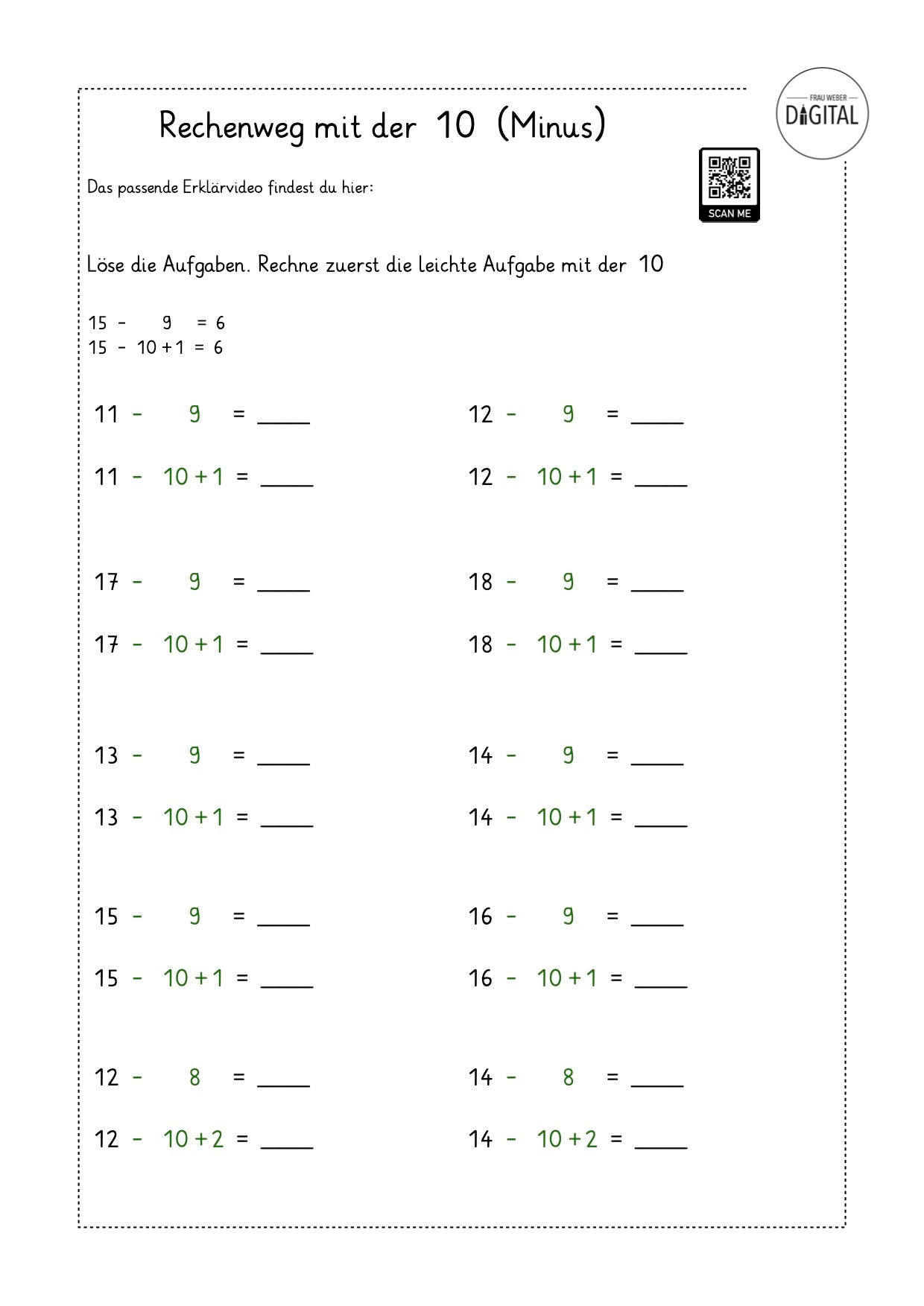 Rechenweg mit der 10 (Minus) - Arbeitsblatt mit Lösung. Mathe Klasse 1