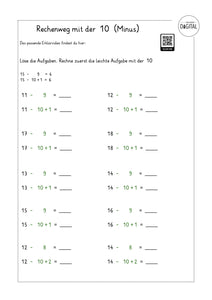 Rechenweg mit der 10 (Minus) - Arbeitsblatt mit Lösung. Mathe Klasse 1