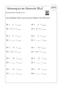 Rechenweg mit der Zehnerzahl (Plus). Mathe Klasse 2. Arbeitsblatt mit Lösung.