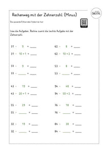 Rechenweg mit der Zehnerzahl bei Minusaufgaben. Arbeitsblatt mit Lösung. Mathe Klasse 2.