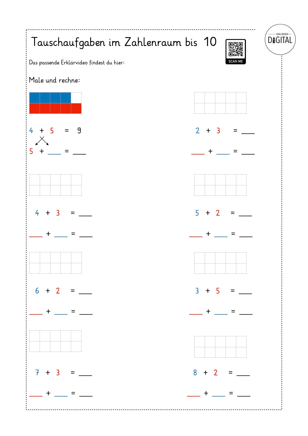 Tauschaufgaben - Arbeitsblatt mit Lösung. Mathe Klasse 1