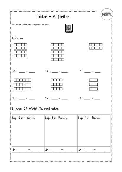 Teilen-Aufteilen. Arbeitsblatt mit Lösung. Mathe Klasse 2.