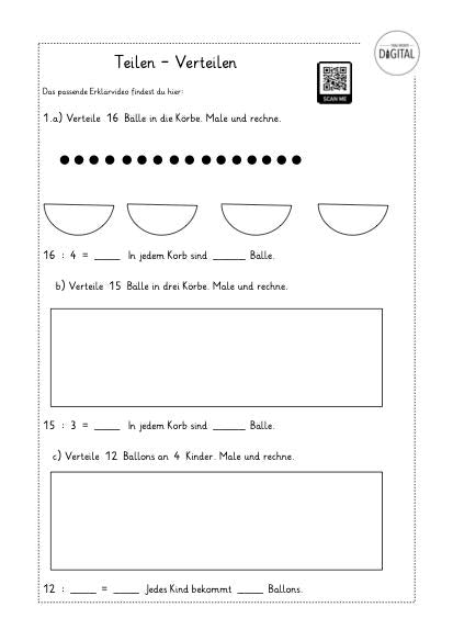 Teilen- Verteilen. Arbeitsblatt mit Lösung. Mathe Klasse 2.