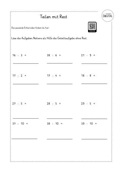 Teilen mit Rest. Arbeitsblatt mit Lösung. Mathe Klasse 2.