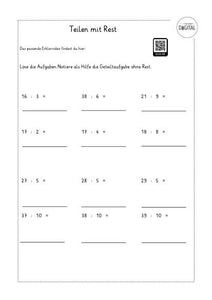 Teilen mit Rest. Arbeitsblatt mit Lösung. Mathe Klasse 2.