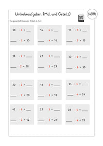 Umkehraufgaben Mal und Geteilt - Arbeitsblatt mit Lösung. Klasse 2