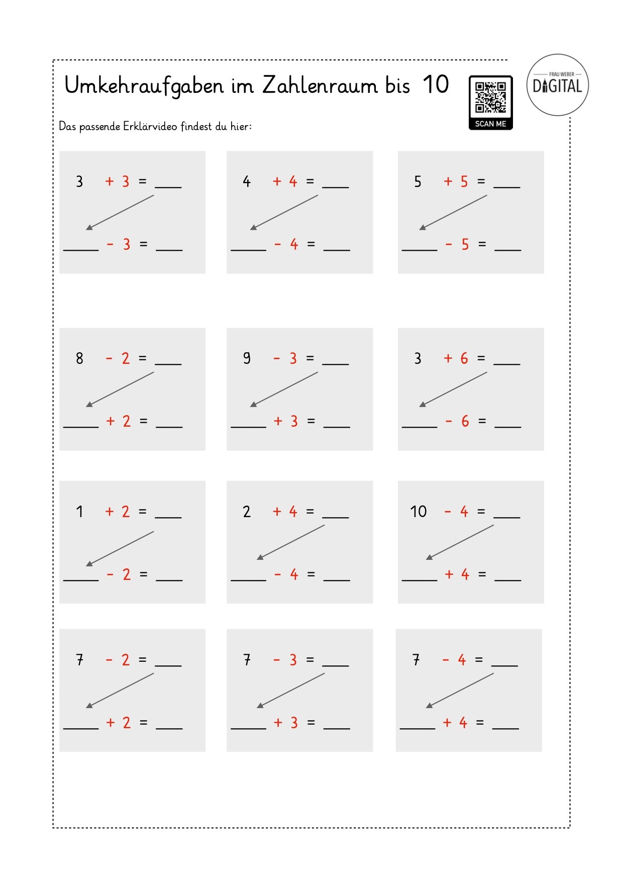 Umkehraufgaben bis 10 - Arbeitsblatt mit Lösung. Mathe Klasse 1