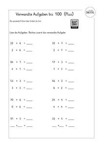 Verwandte Plusaufgaben im Zahlenraum bis 100. Arbeitsblatt mit Lösung. Klasse 2