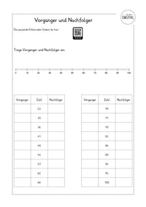 Vorgänger und Nachfolger. Arbeitsblatt mit Lösung. Mathe Klasse 2