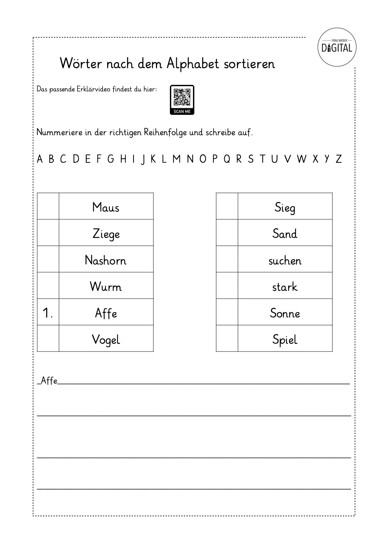 Wörter nach dem Alphabet sortieren. Klasse 2. Arbeitsblatt mit Lösung