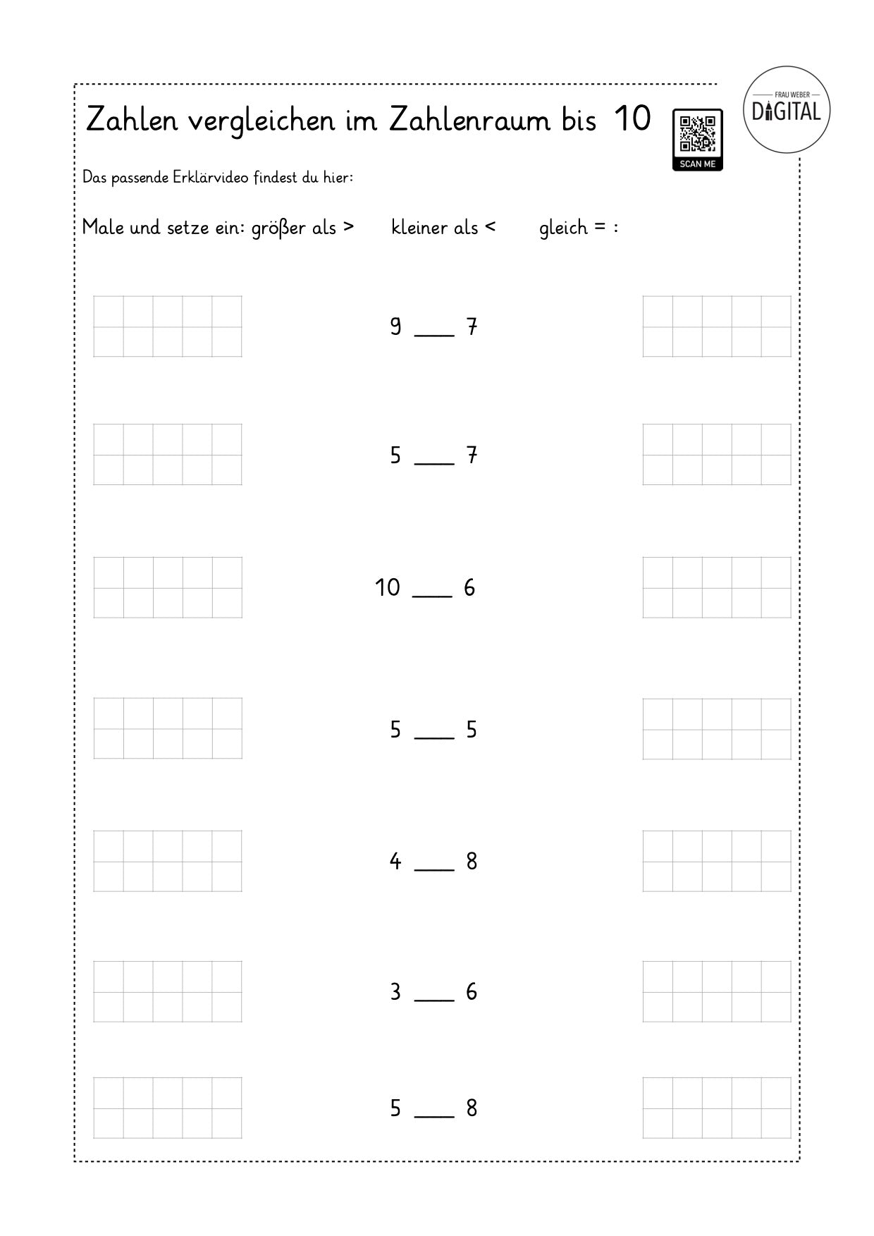 Zahlen vergleichen - Arbeitsblatt mit Lösung. Mathe Klasse 1