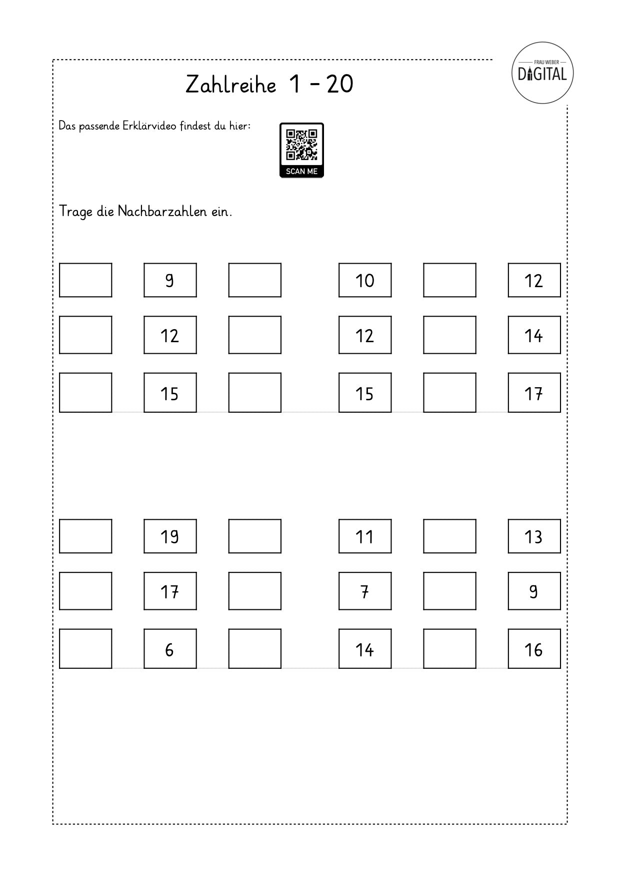 Zahlreihe von 1 bis 20 - Arbeitsblatt mit Lösung. Mathe Klasse 1