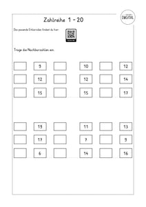 Zahlreihe von 1 bis 20 - Arbeitsblatt mit Lösung. Mathe Klasse 1