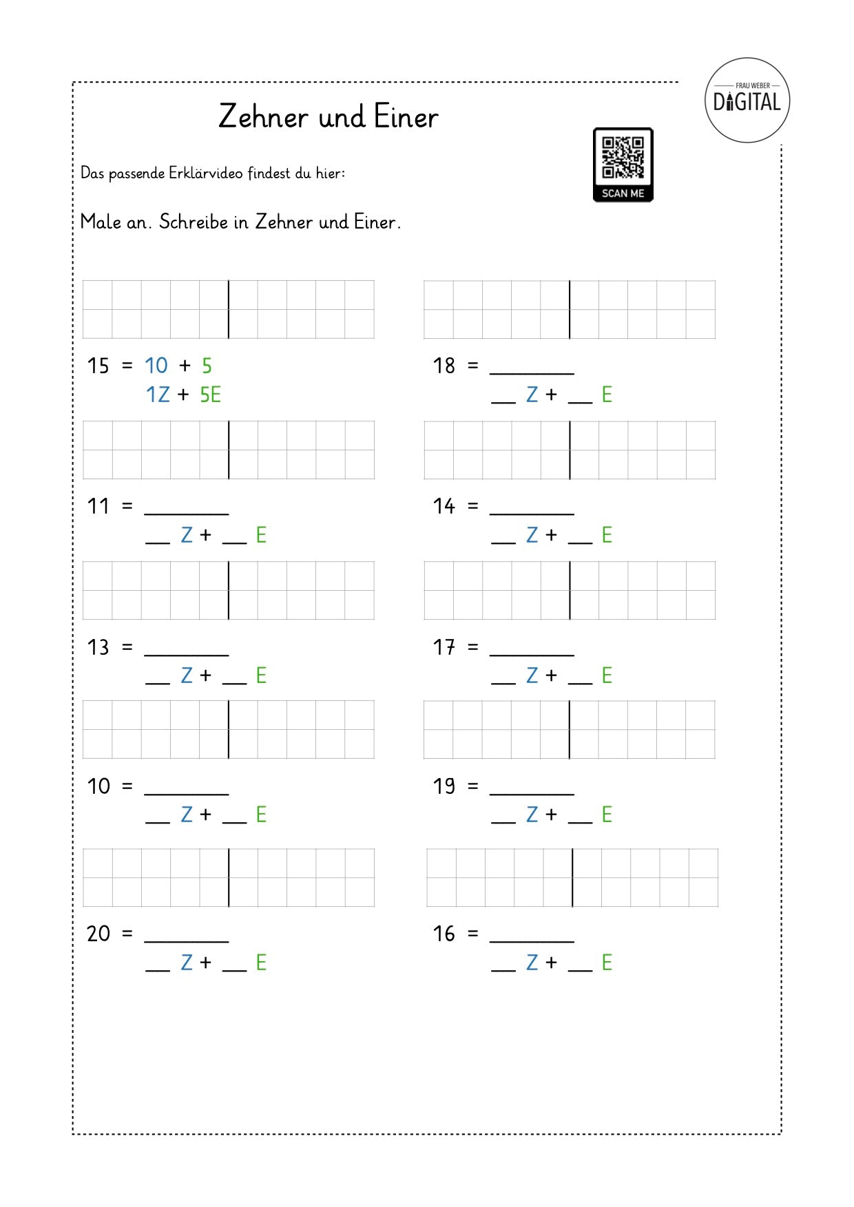 Zehner und Einer - Arbeitsblatt mit Lösung. Mathe Klasse 1