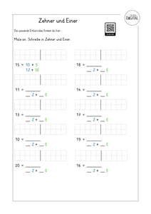 Zehner und Einer - Arbeitsblatt mit Lösung. Mathe Klasse 1