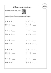 Zehnerzahlen addieren - Arbeitsblatt mit Lösung. Mathe Klasse 2