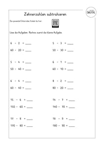Zehnerzahlen subtrahieren - Arbeitsblatt mit Lösung. Mathe Klasse 2