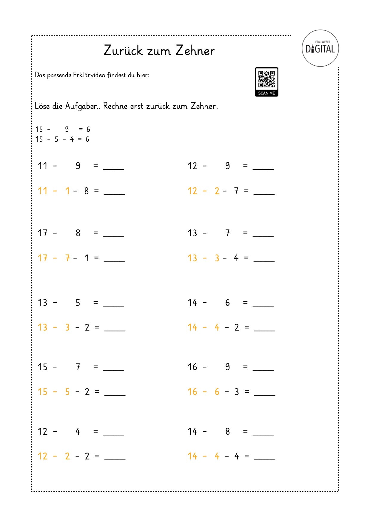 Zurück zum Zehner im Zahlenraum bis 20 - Arbeitsblatt mit Lösung. Mathe Klasse 1