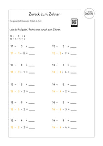 Zurück zum Zehner im Zahlenraum bis 20 - Arbeitsblatt mit Lösung. Mathe Klasse 1