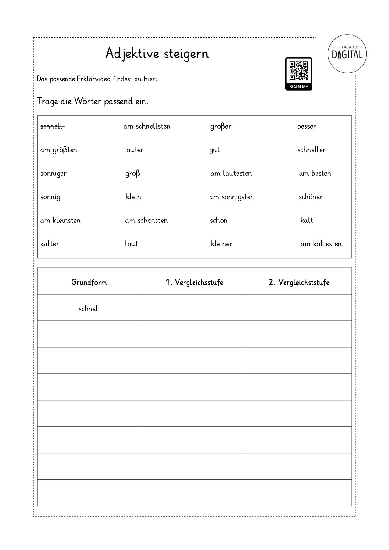 Adjektive steigern - Arbeitsblatt mit Lösung 2. Klasse Deutsch