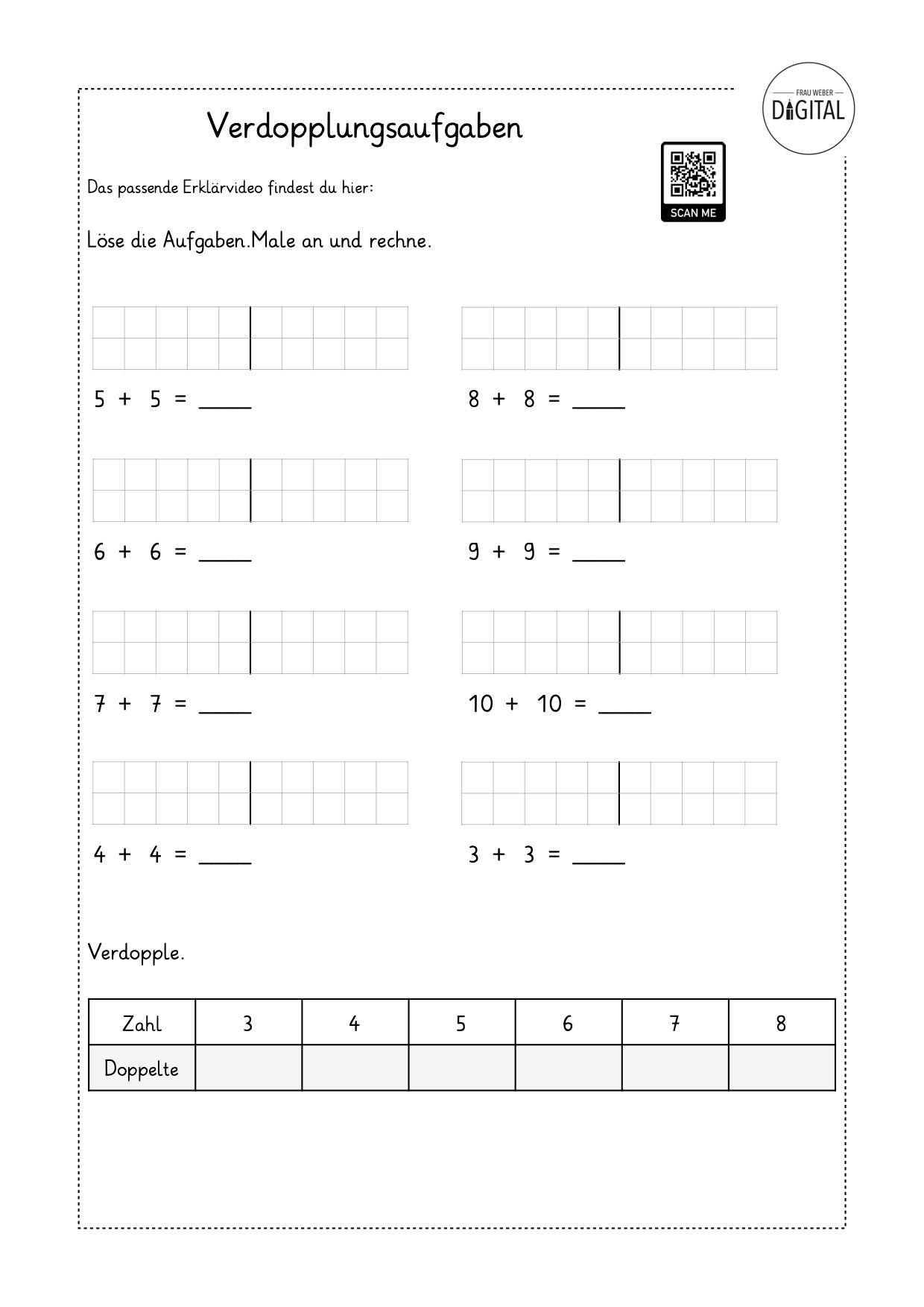 Verdopplungsaufgaben bis 20 - Arbeitsblatt mit Lösung. Mathe Klasse 1